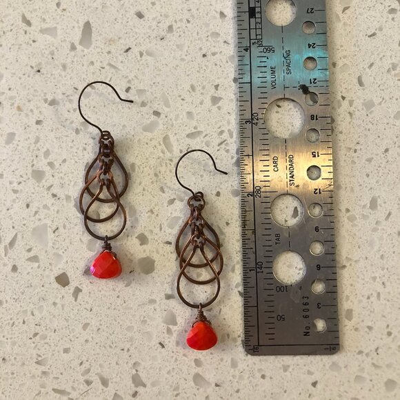 Handmade Copper Earrings with Vintage Red Glass Beads - Picture 2 of 2